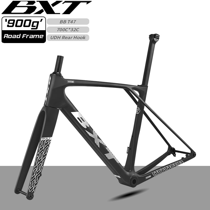 BXT New Ultralight 900g Carbon Road Bike Frameset with Disc Brakes, Flat-Mounted Disc Brake, 700x32C Semi-Hidden External Wiring