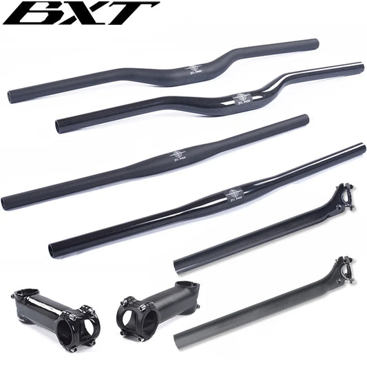 Carbon Fiber MTB Bicycle Parts Set, Flat or Riser Handlebar, Handlebar + Stem + Seatpost, 3K Glossy, Matte,