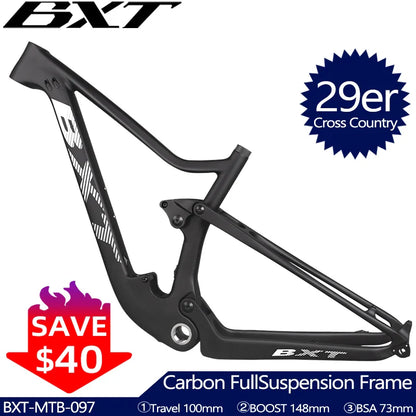 BXT Carbon Full Suspension MTB Frame, 29er Travel, 100mm, Mountain Bicycle, T1000