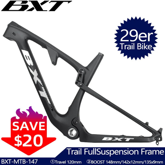 BXT Full Carbon Suspension Bike Frame 29er Trail Carbon Mountain Bicycle Frame 12X148/142 Thru-Axle Boost 29er 2.35 Tire BSA MTB Bic