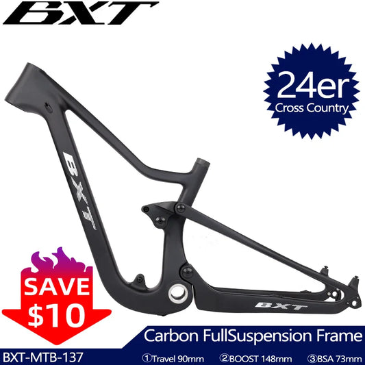 BXT Full Suspension Carbon Frames 24er Mountain Children Bicycle Bike Frame Thru Axle