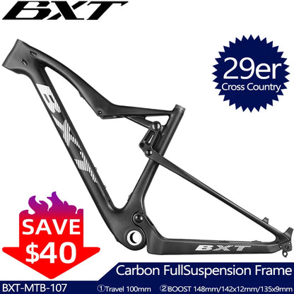 BXT Full Suspension Carbon Mountain Bike Frame 29er Thru Axle Boost, MTB Bicycle Travel 100mm 148mm