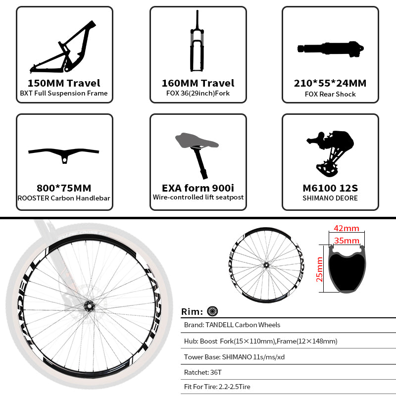 BXT Carbon Fiber 29er M6100-12S Hydraulic Disc Brake AM Full Shock Soft Tail Carbon Fiber Mountain Bike MTB With Suspension Seat Tube